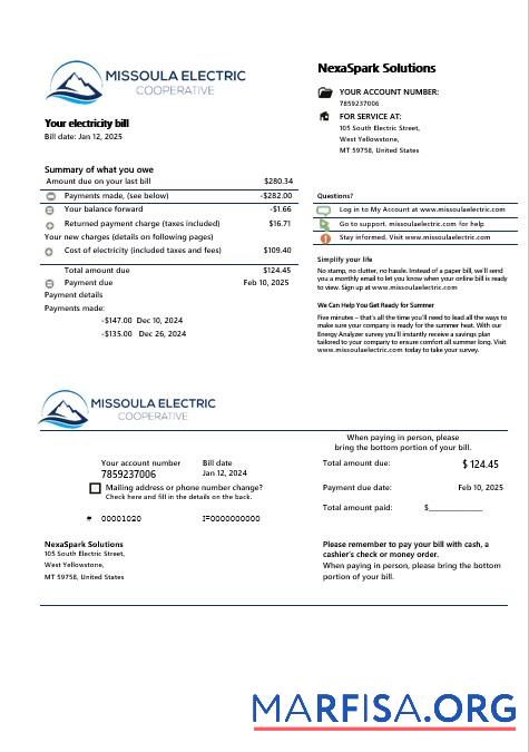 Blank USA Montana Missoula Electric Cooperative electricity business utility bill template in Word and PDF formats